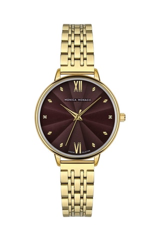 Montre à quartz en acier et diamants - Doré et bordeaux