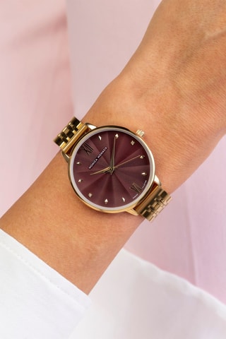 Montre à quartz en acier et diamants - Doré et bordeaux