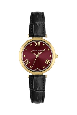 Montre à quartz en cuir et diamant - Noir et doré - Monica Monaco