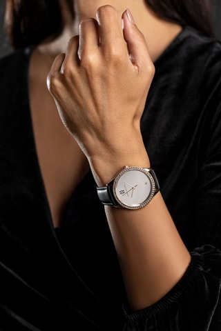 Montre à quartz en cuir Noir et doré rose 