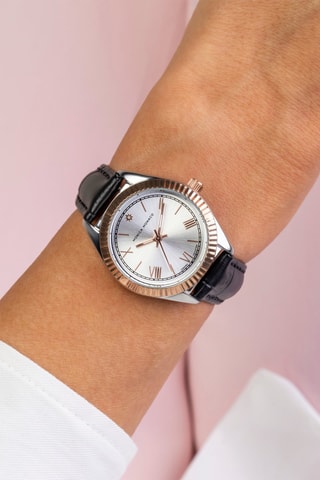 Montre à quartz en cuir et diamant - Noir et doré rose