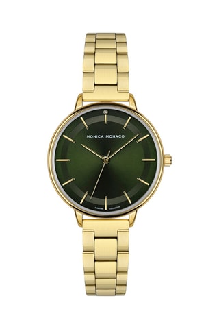 Montre à quartz en acier et diamant - Doré et vert foncé