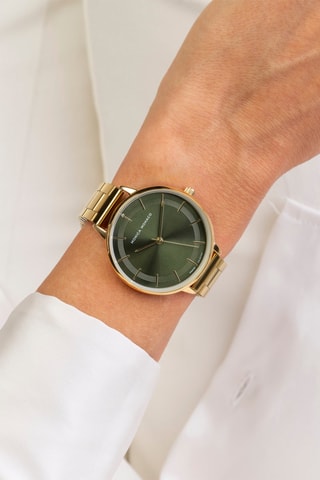 Montre à quartz en acier et diamant - Doré et vert foncé