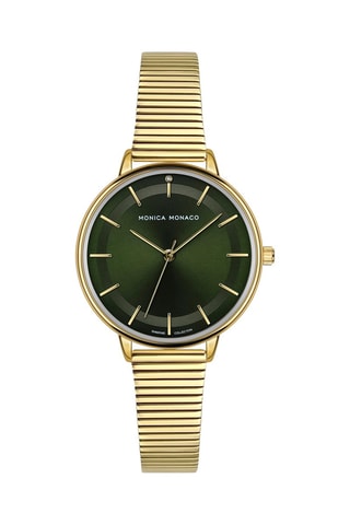 Montre à quartz en acier et diamant - Doré et vert foncé