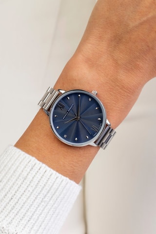 Montre à quartz en acier et diamants - Argenté et bleu marine