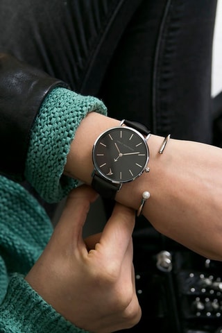 Montre à quartz en cuir - Noir et argenté - Emily Westwood