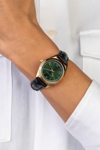 Montre à quartz en cuir et diamant - Noir et doré