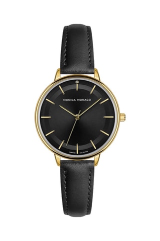 Montre à quartz en cuir et diamant - Noir et doré