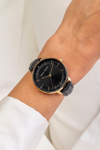 Montre à quartz en cuir et diamant - Noir et doré