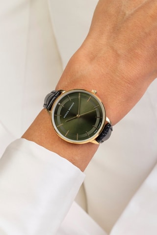 Montre à quartz en cuir et diamant - Noir et doré