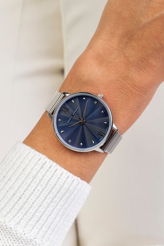 Montre à quartz en acier et diamants - Argenté et bleu marine