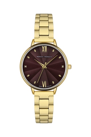 Montre à quartz en acier et diamants - Doré et bordeaux