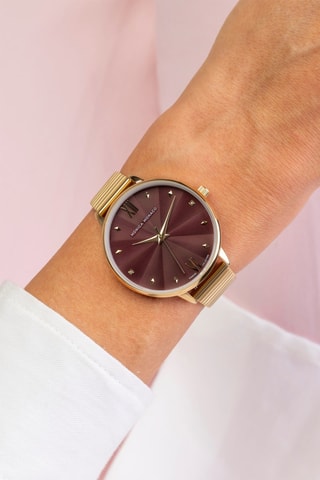 Montre à quartz en acier et diamants - Doré et bordeaux