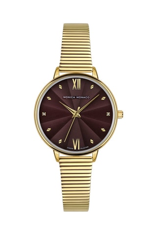 Montre à quartz en acier et diamants - Doré et bordeaux