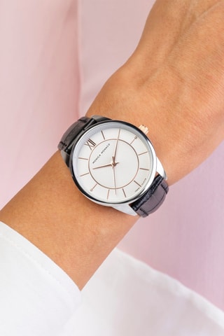 Montre à quartz en cuir et diamants - Noir et argenté