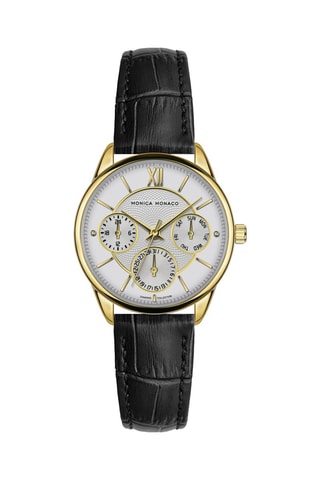 Montre à quartz en cuir et diamants - Noir et doré