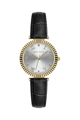 Montre à quartz en cuir et diamant - Noir et doré