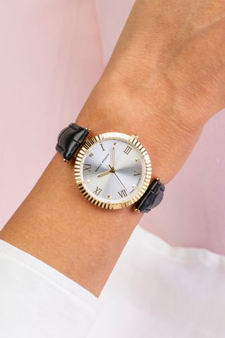 Montre à quartz en cuir et diamant - Noir et doré