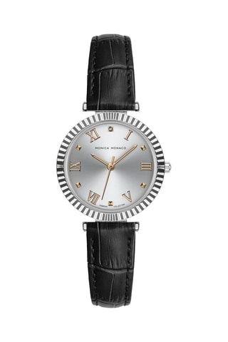 Montre à quartz en cuir et diamant - Noir et argenté