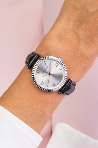 Montre à quartz en cuir et diamant - Noir et argenté