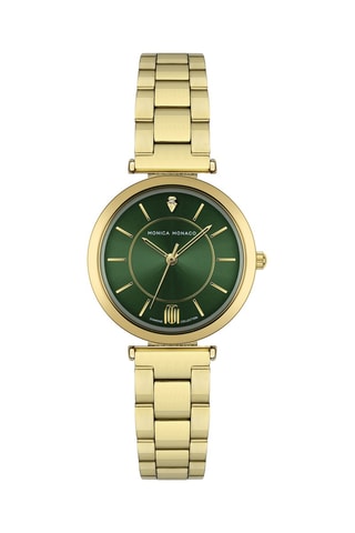 Montre à quartz en acier et diamant - Doré et vert foncé