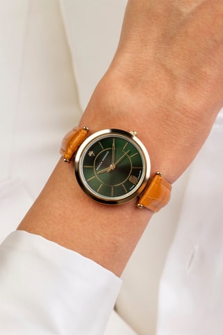 Montre à quartz en cuir et diamant - Marron et doré