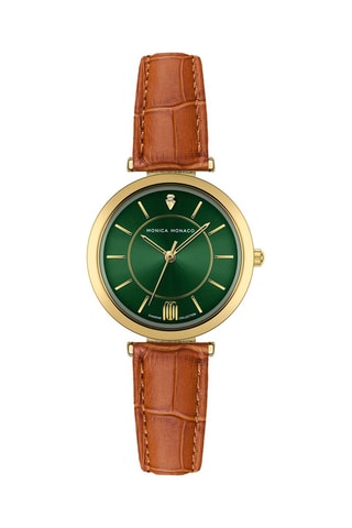Montre à quartz en cuir et diamant - Marron et doré