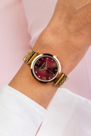 Montre à quartz en acier et diamant - Doré et bordeaux