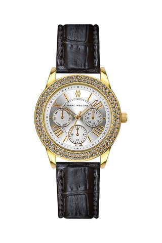 Montre à quartz en cuir et cristal véritable - Noir
