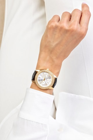 Montre à quartz en cuir et cristal véritable - Noir