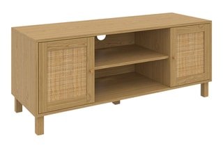 Meuble TV 2 portes Erin - Pieds en pin - Façades en rotin - 115 x 40 x 48 cm