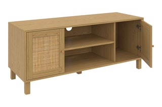 Meuble TV 2 portes Erin - Pieds en pin - Façades en rotin - 115 x 40 x 48 cm