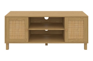 Meuble TV 2 portes Erin - Pieds en pin - Façades en rotin - 115 x 40 x 48 cm