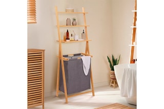 Panier à linge avec étagère en bambou Maya - Gris et naturel