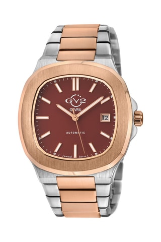 Relógio automático em couro Swiss Automatic - Prateado e bronze