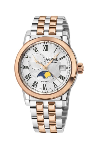 Relógio automático em aço Sellita SW285-B - GMT e contador fases da lua - Prateado e dourado-rosa