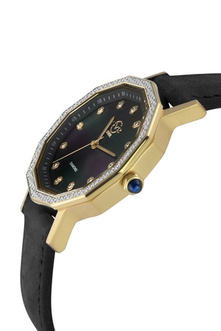 Relógio de quartzo em couro e diamantes - Preto e dourado