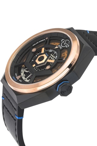 Relógio de quartzo em couro - Solar Power - Preto e dourado-rosa