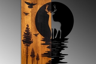 Décoration murale Cerf et forêt - Naturel et noir