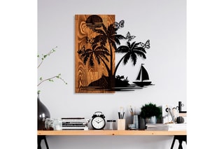 Décoration murale en bois Holiday island - 58 x 57 cm - Naturel et noir