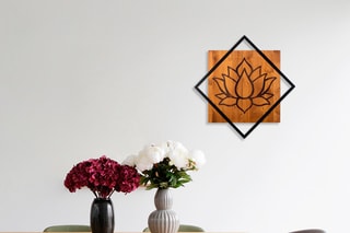 Décoration murale en bois Lotus - 54 x 54 cm - Naturel et noir