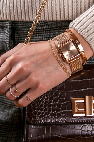 Coffret montre à quartz en acier et bracelet en zircons Plaza