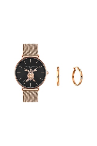 Coffret montre à quartz en acier et créoles en cristaux Sea Turtle