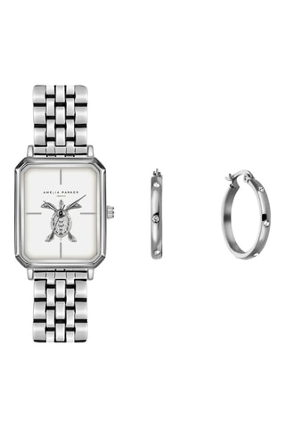 Coffret montre à quartz en acier et créoles en cristaux Serendipity Sea