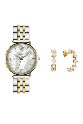 Coffret montre à quartz en acier et nacre et boucles d'oreilles en zircons Pearl of the Sea