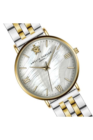 Coffret montre à quartz en acier et nacre et boucles d'oreilles en zircons Pearl of the Sea