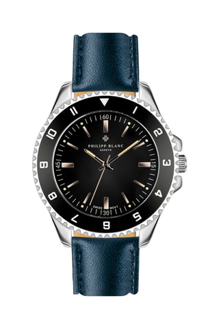 Montre à quartz en cuir - Bleu foncé et argenté