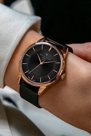 Montre à quartz en acier - Noir et doré rose