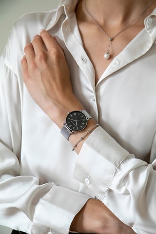 Coffret montre à quartz en acier, diamants et boucles d’oreilles Désirée