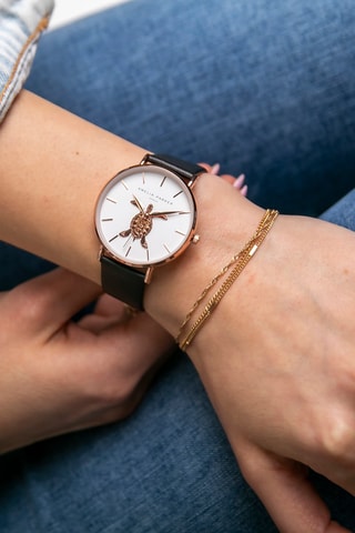 Montre à quartz en cuir Rose Turtle - Noir et doré rose